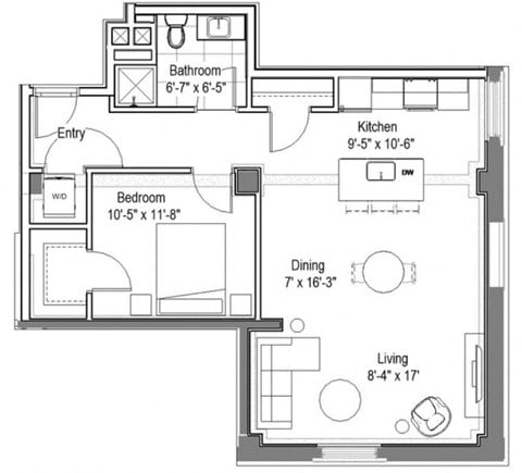 Floor plan for 1 bed, 1 bath, 708 sqft